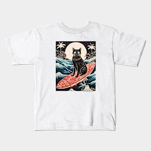 Lino cut surfy kitty Kids T-Shirt